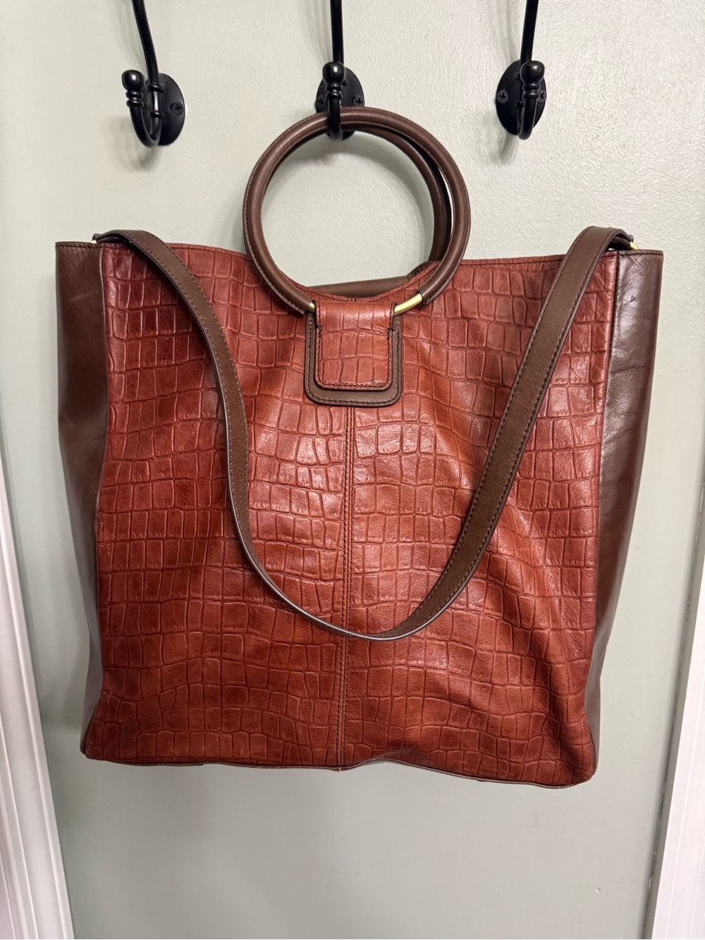 HOBO Sheila Large Satchel Brown Croc-Style Tote 100% Leather